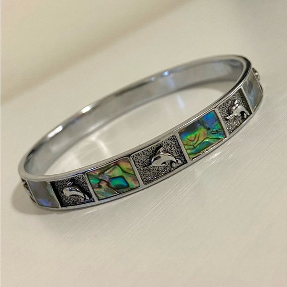 Silver Dolphin Bangle Bracelet with Abalone Inlays - Picture 1 of 5